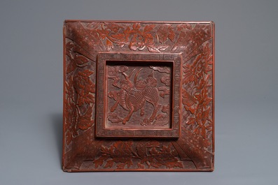 A Chinese cinnabar lacquer square bowl and cover with a qilin, 17/18th C.