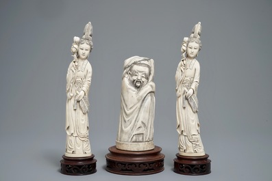 Three Chinese carved ivory figures of ladies and of an immortal, 2nd half 19th C.