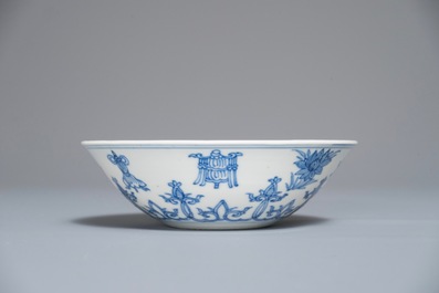 A Chinese blue and white bowl with taoist symbols, Jiajing mark, Kangxi