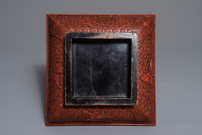 A Chinese cinnabar lacquer square bowl and cover with a qilin, 17/18th C.