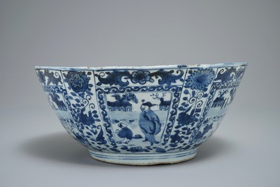 A large Chinese blue and white kraak porcelain bowl with figurative panels, Wanli