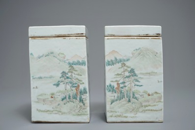 A pair of square Chinese qianjiang cai boxes and covers, 19/20th C.