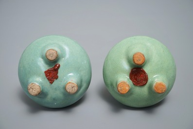 Two Chinese monochrome celadon tripod incense burners, 19/20th C.