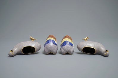 A pair of Chinese cloisonn&eacute; enamel quail censers and covers, 18th C.