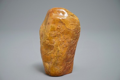 A Chinese carved Shoushan soapstone boulder with landscape design, 19/20th C.