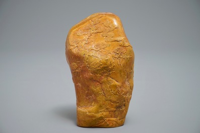 A Chinese carved Shoushan soapstone boulder with landscape design, 19/20th C.