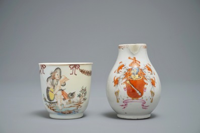 A Chinese famille rose export milk jug, a saucer and a cup, Qianlong