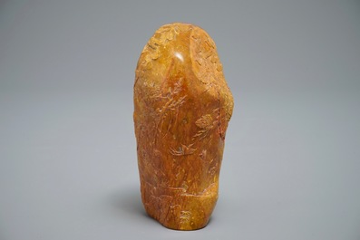 A Chinese carved Shoushan soapstone boulder with landscape design, 19/20th C.