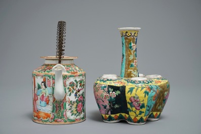 A Chinese famille rose Straits or Peranakan tulip vase and a Canton teapot, 19th C.