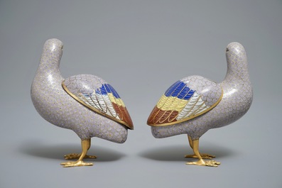A pair of Chinese cloisonn&eacute; enamel quail censers and covers, 18th C.