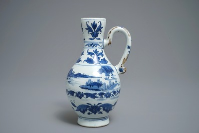 A Chinese blue and white landscape jug, Transitional period