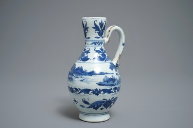 A Chinese blue and white landscape jug, Transitional period