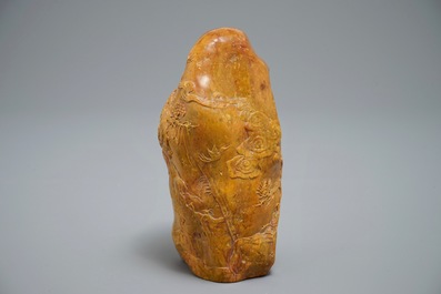 A Chinese carved Shoushan soapstone boulder with landscape design, 19/20th C.