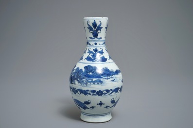 A Chinese blue and white landscape jug, Transitional period