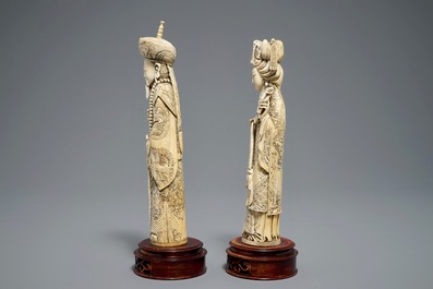 A pair of Chinese carved ivory figures of the emperor couple, 2nd half 19th C.