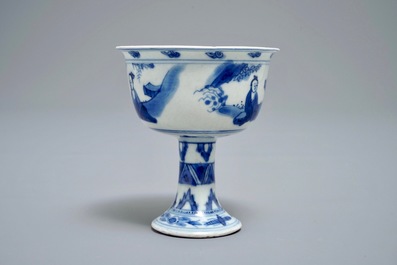 A Chinese blue and white stem cup, Chongzhen