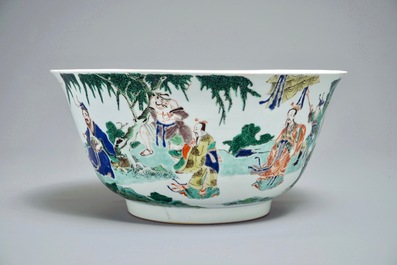A large Chinese famille verte bowl with figures in a landscape, Kangxi