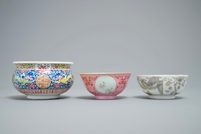 Two Chinese famille rose and grisaille bowls and an incense burner, Yongzheng and later