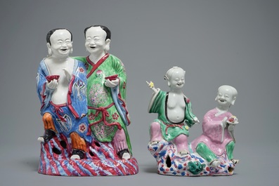 Two Chinese famille rose groups of the Hehe Er Xian brothers, 18th and 19th C.