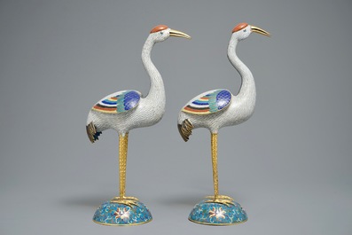 A pair of large Chinese cloisonn&eacute; and gilt bronze cranes, 18/19th C.