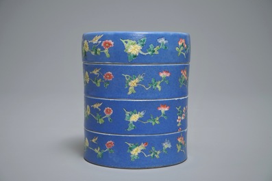 A Chinese blue-ground famille rose four-tier box, Tongzhi mark, 19th C.