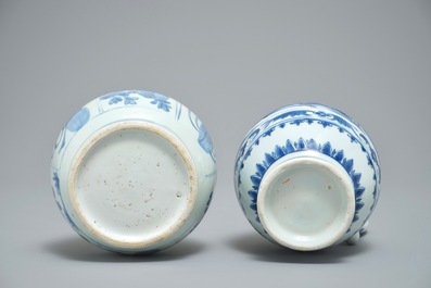 A Chinese blue and white landscape jug and a bottle vase with taoist symbols, Transitional period and Wanli