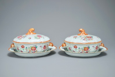 A pair of Chinese famille rose covered tureens on stands, Qianlong