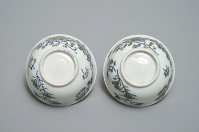 A pair of Chinese eggshell cups and saucers with overglaze blue and gilt floral design, Yongzheng