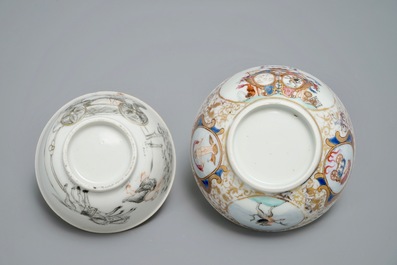 Two Chinese famille rose and grisaille export cups and saucers, Qianlong
