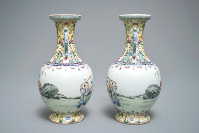 A pair of Chinese famille rose vases with playing boys, Qianlong mark, Republic, 20th C.