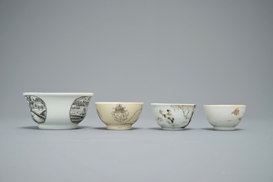 A Chinese grisaille and gilt bowl and three cups, Yongzheng/Qianlong