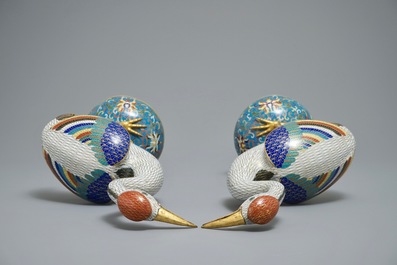 A pair of large Chinese cloisonn&eacute; and gilt bronze cranes, 18/19th C.