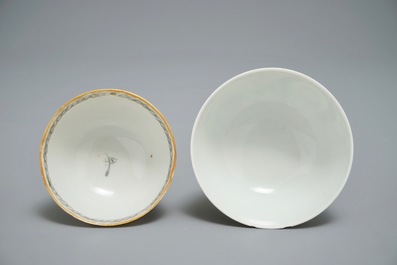 Two Chinese famille rose and grisaille export cups and saucers, Qianlong