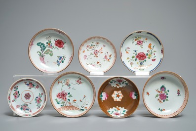 A collection of 15 Chinese famille rose capucin-ground cups and 21 saucers, Qianlong