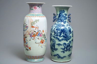 Een Chinese famille rose vaas, Republiek, en een blauwwitte celadon vaas, 19e eeuw