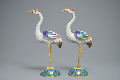 A pair of large Chinese cloisonn&eacute; and gilt bronze cranes, 18/19th C.