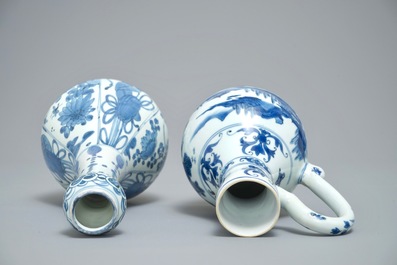 A Chinese blue and white landscape jug and a bottle vase with taoist symbols, Transitional period and Wanli