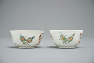 A pair of fine Chinese famille rose cups and saucers with floral design, Yongzheng