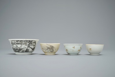 A Chinese grisaille and gilt bowl and three cups, Yongzheng/Qianlong