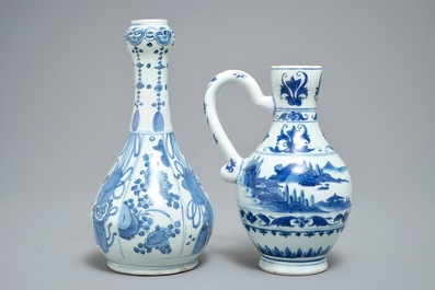 A Chinese blue and white landscape jug and a bottle vase with taoist symbols, Transitional period and Wanli