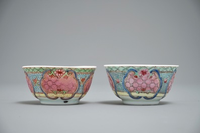 A pair of Chinese famille rose eggshell cups and saucers with overglaze floral design, Yongzheng