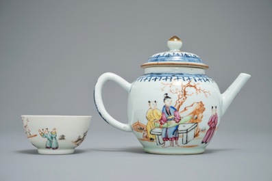 A Chinese famille rose mandarin teapot with cup and saucer, Qianlong