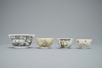 A Chinese grisaille and gilt bowl and three cups, Yongzheng/Qianlong