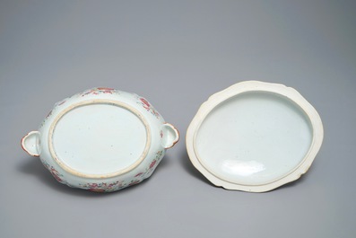A pair of Chinese famille rose covered tureens on stands, Qianlong