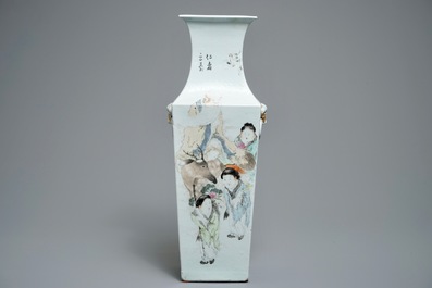 A square Chinese qianjiang cai vase, signed Ma Qing Yun, 19/20th C.