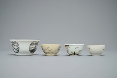 A Chinese grisaille and gilt bowl and three cups, Yongzheng/Qianlong