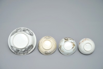 Een Chinese kom en drie kopjes met grisaille en verguld decor, Yongzheng/Qianlong