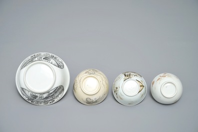 Un bol et trois tasses en porcelaine de Chine grisaille et dor&eacute;, Yongzheng/Qianlong