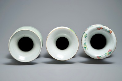 Three tall Chinese famille rose and celadon-ground vases, 19/20th C.