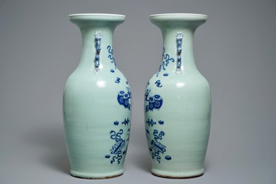 A pair of Chinese blue and white celadon-ground vases with design of antiquities, 19th C.